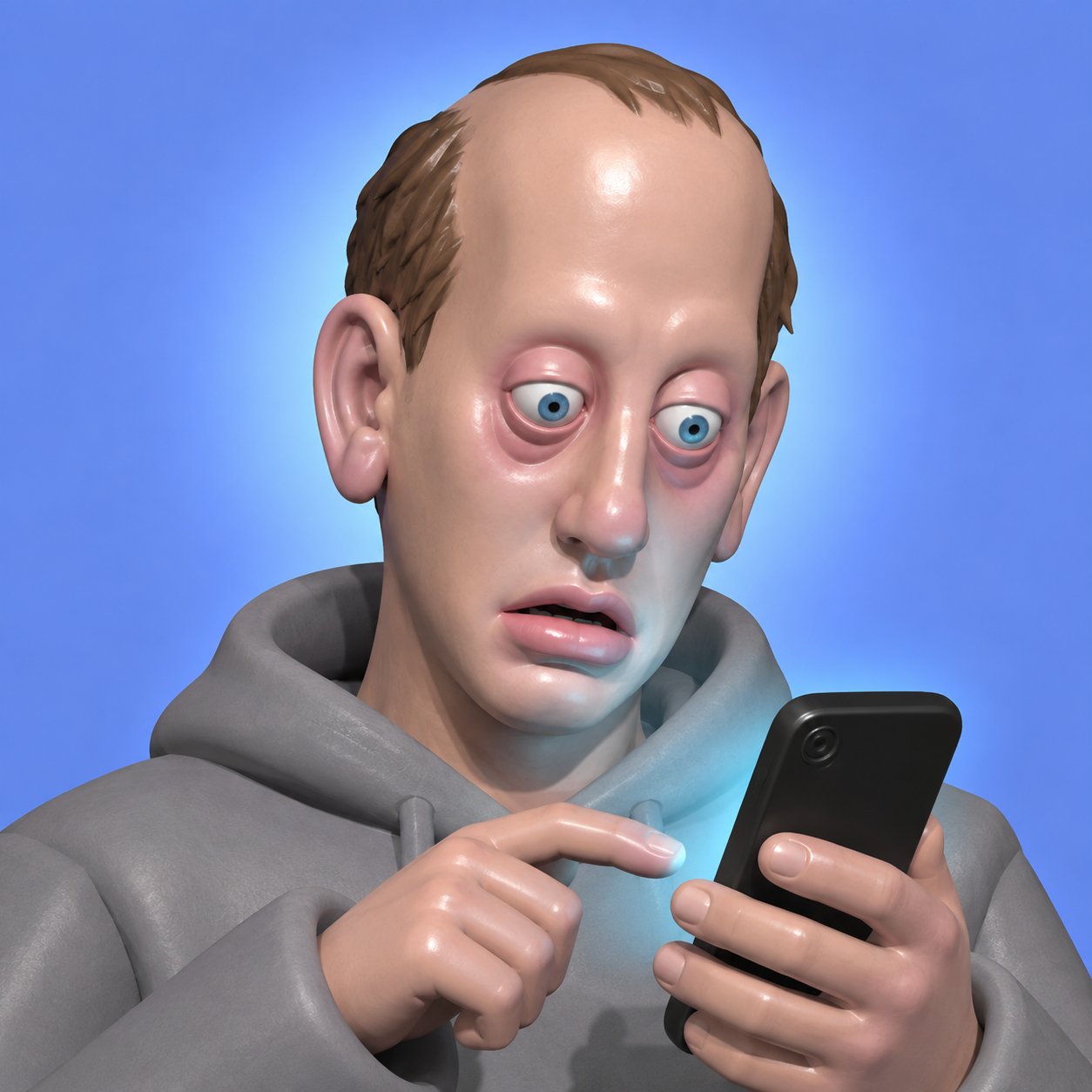 The One More Scroll mascot: a wide-eyed, exhausted man staring at his glowing phone